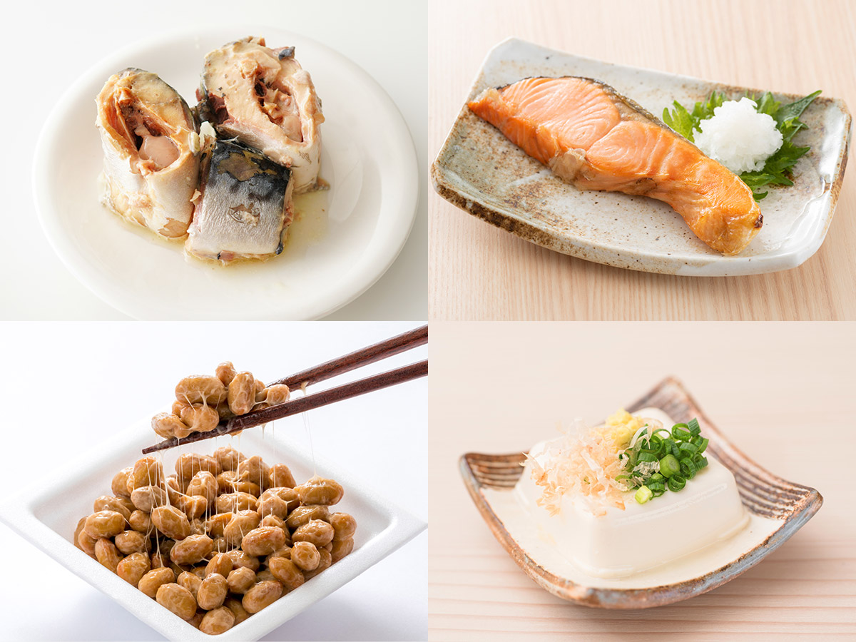 鯖缶、焼き魚、枝豆、豆腐